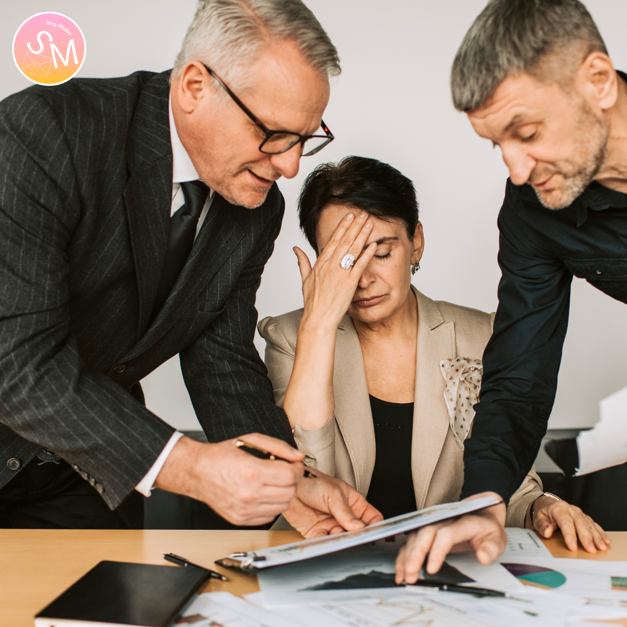 Three professionals in a meeting, with one pointing at a tablet and another looking concerned. corporate burnout story letters

office life letter subscription

stories about corporate work and burnout

letters about quitting corporate job

monthly story letters for office workers