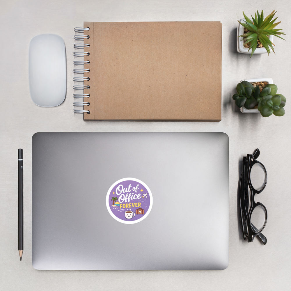 Cute out of office forever sticker with coffee mug and airplane