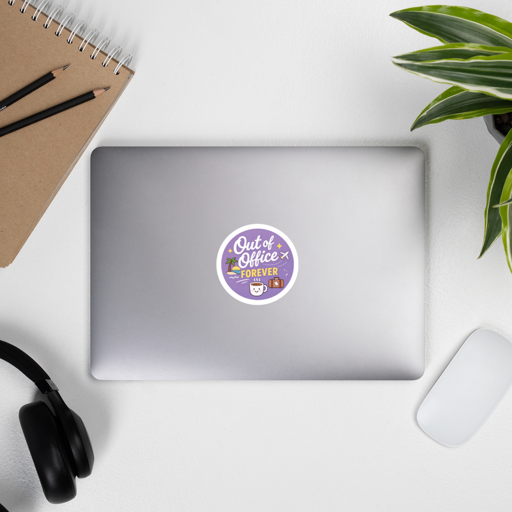 Cute out of office forever sticker with coffee mug and airplane